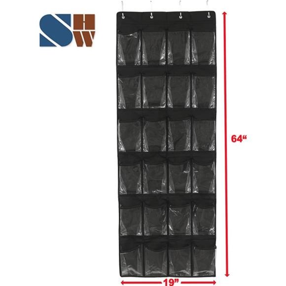 24 Pockets Crystal Clear Over The Door Hanging Shoe Organizer Black 64'' x 19” - Picture 3 of 8